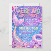Mermaid Pool Party Birthday Invitation