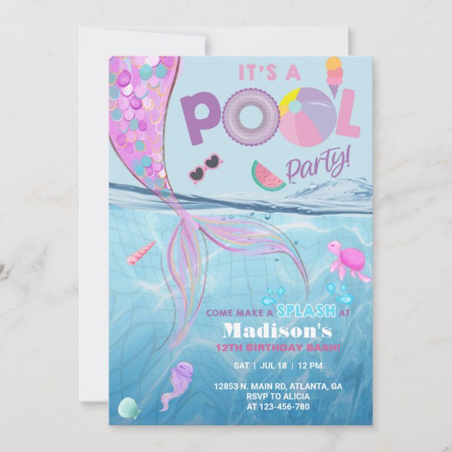 Mermaid pool party birthday invitation, girl. invitation (Front)