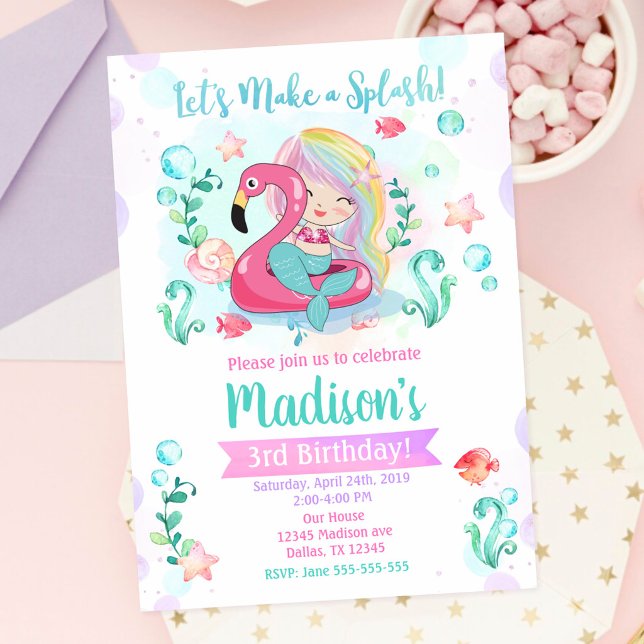 Mermaid Pool Party Flamingo Float Birthday Invitation (Creator Uploaded)