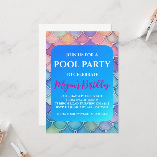 mermaid pool party invitations (Front/Back In Situ)