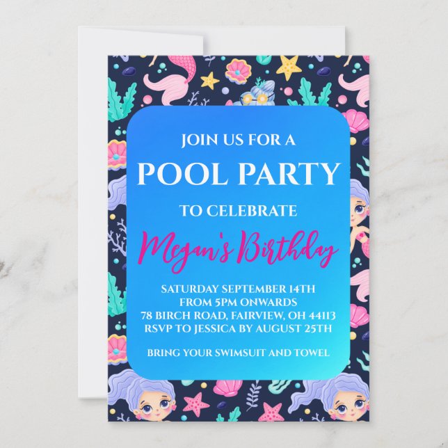 mermaid pool party invitations (Front)