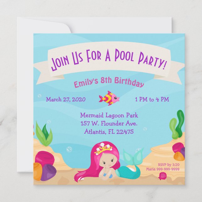 Mermaid Pool Party Invitations Custom Birthday (Front)
