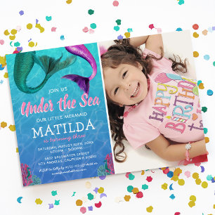 Mermaid Pool Party Photo Birthday Invitation