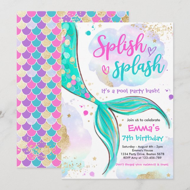 Mermaid Pool Party Pink Mermaid Under The Sea Invitation (Front/Back)