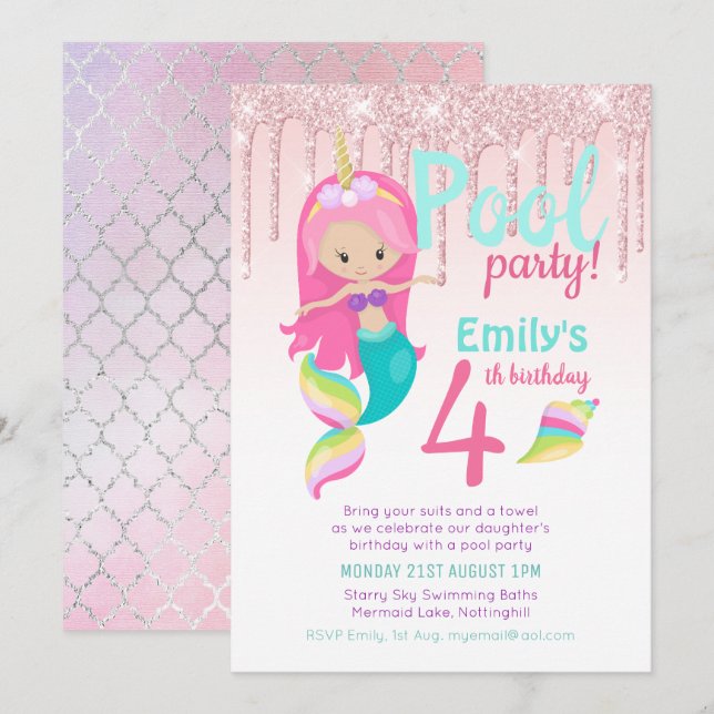 Mermaid POOL Party Purple Pink Silver Glitter Girl Invitation (Front/Back)
