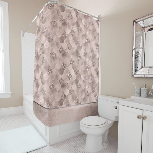Mermaid Posh Scale | Dusty Terracotta Peach Sheen Shower Curtain (In Situ)