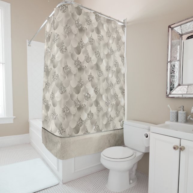 Mermaid Posh Scale | Dusty Terracotta Peach Sheen Shower Curtain (In Situ)