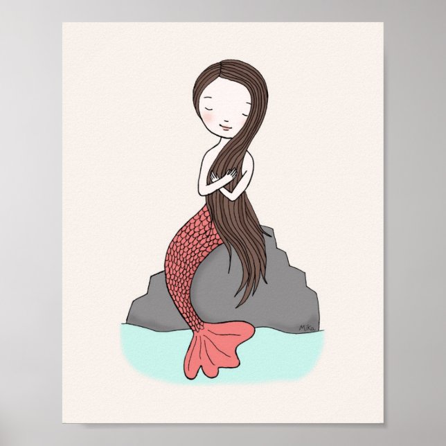 Mermaid Poster Cute Mermaid Nursery Art Girls Room (Front)