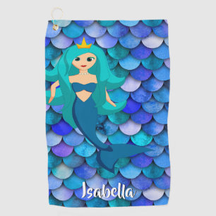 Mermaid princess blue purple scale pattern name golf towel