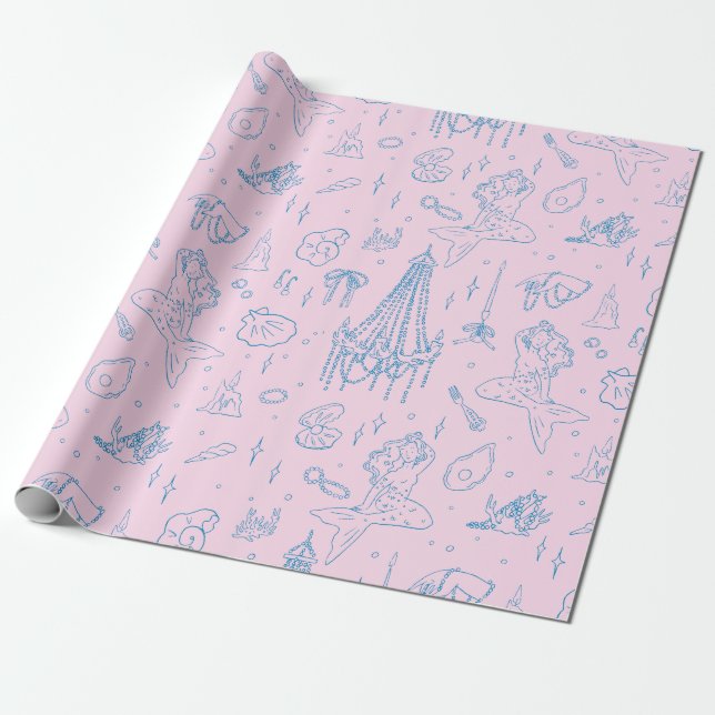 Mermaid Princess Ocean Fantasy Blue Toile Pattern Wrapping Paper (Unrolled)