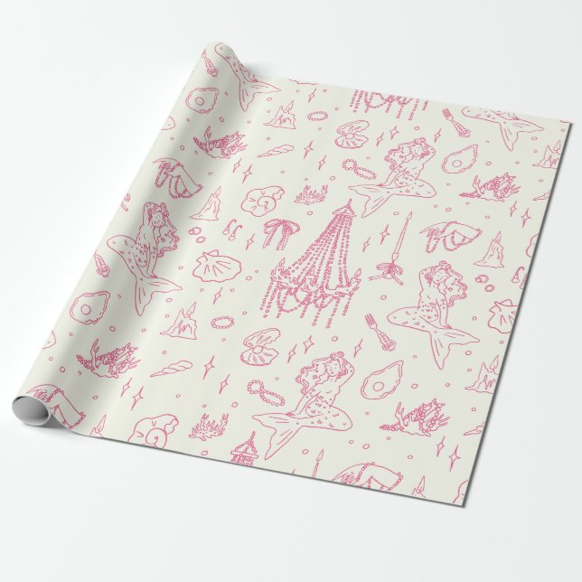 Mermaid Princess Ocean Fantasy Pink Toile Pattern Wrapping Paper (Unrolled)