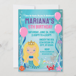 Mermaid Princess Party (blonde hair) Invitation