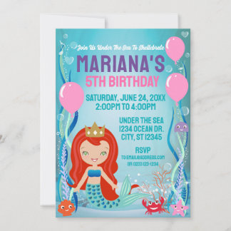 Mermaid Princess Party (red hair) Invitation