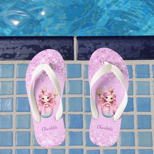 Mermaid princess pink glitter name girl  kid's flip flops (Creator Uploaded)
