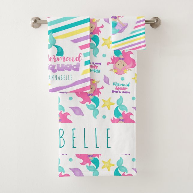 Mermaid Princess Squad Pink Blue Yellow Stripes Bath Towel Set (Insitu)