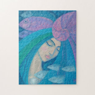 Mermaid Princess, Underwater Fantasy, Pink Blue Jigsaw Puzzle