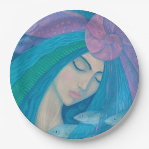 Mermaid Princess, Underwater Fantasy, Pink Blue Paper Plate