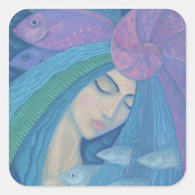 Mermaid Princess, Underwater Fantasy, Pink Blue Square Sticker (Front)