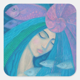Mermaid Princess, Underwater Fantasy, Pink Blue Square Sticker