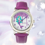 Mermaid princess white purple glitter drips name watch<br><div class="desc">A pretty mermaid princess in a green,  purple faux glitter coloured dress with a royal tiara in her turquoise coloured hair . Template for a name,  Purple coloured letters. Purple clock face numbers and ourple faux glitter drip. White background.</div>