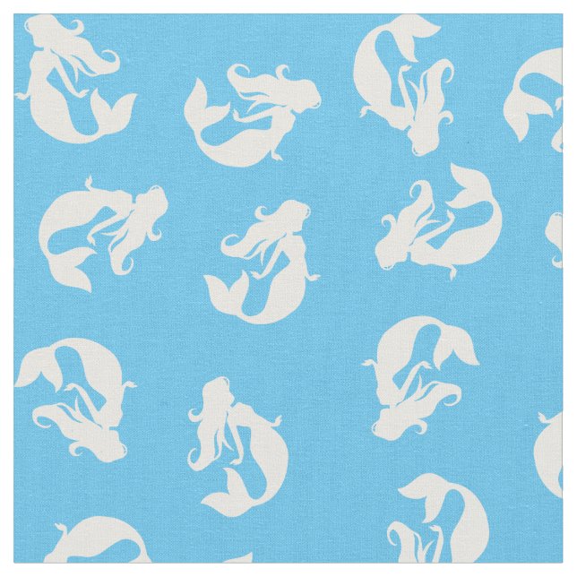 Mermaid Print Fabric Blue and White (Close Up)