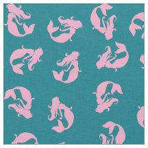 Mermaid Print Fabric Pink and Teal Turquoise