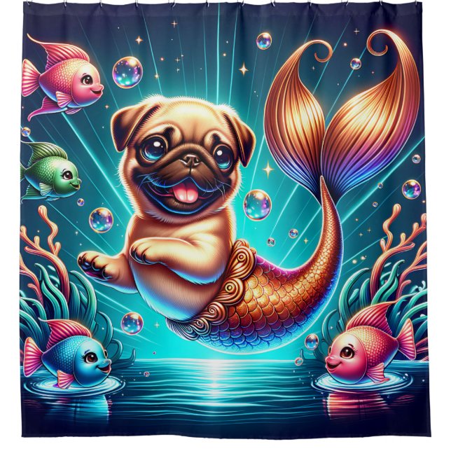 “Mermaid Pug Puppy - Whimsical Fantasy Art” Shower Curtain (Front)