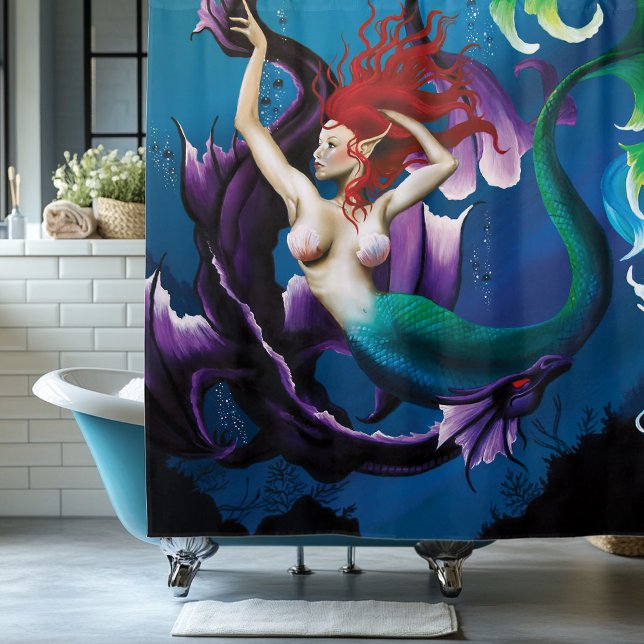 Mermaid Purple Dragon Friendship Fantasy Shower Curtain (Creator Uploaded)