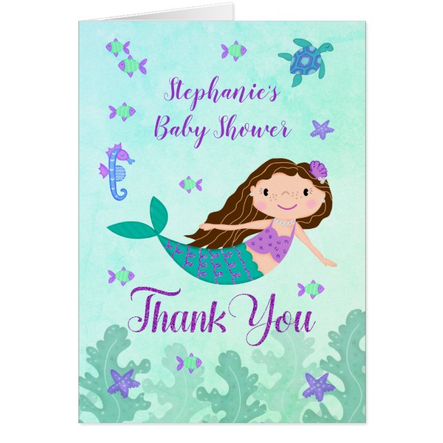 Mermaid Purple Glitter Baby Shower Thank You (Front)