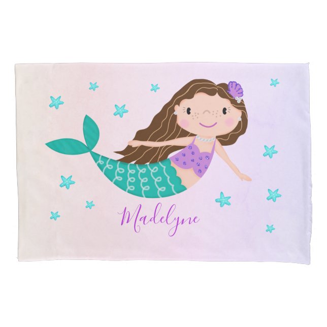 Mermaid Purple Glitter Coral Personalised Name Pillowcase (Front)