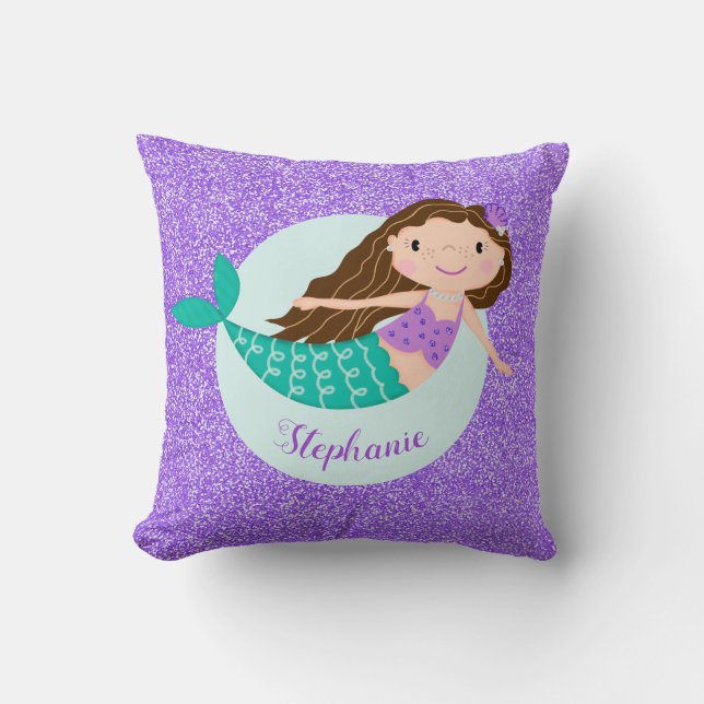 Mermaid Purple Glitter Personalised Cushion (Front)