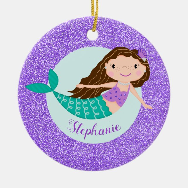 Mermaid Purple Glitter Personalised Name Ceramic Tree Decoration (Front)