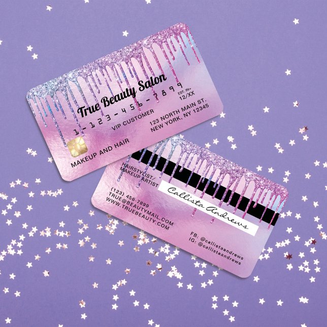 Mermaid Purple Holographic Glitter Drips Credit Business Card (Creator Uploaded)