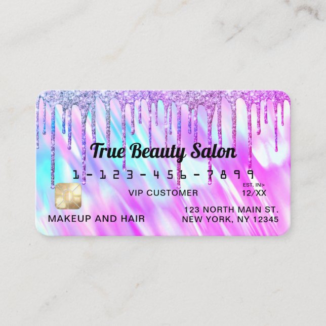 Mermaid Purple Holographic Glitter Drips Credit Business Card (Front)