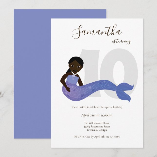 Mermaid Purple Kids Birthday Invitation (Front/Back)