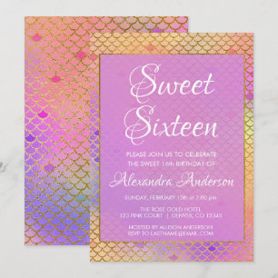 Mermaid Purple, Pink and Yellow Sweet 16 Birthday Invitation