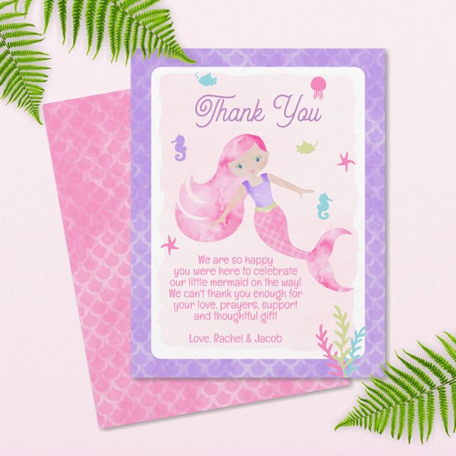Mermaid Purple Pink Watercolor Baby Shower Thank You Card (Creator Uploaded)