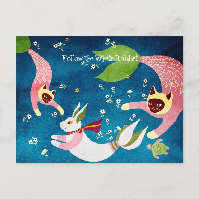 Mermaid Rabbit Cats New Year Postcard (Front)