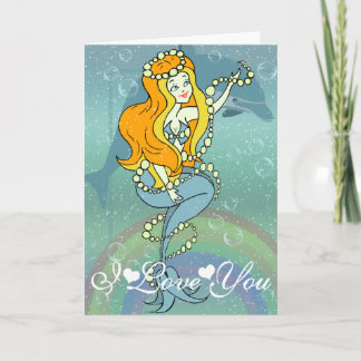 Mermaid Rainbow and Dolphin Design I Love You Card