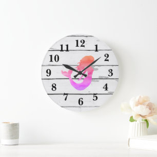 Mermaid Rainbow Beach Decor Rustic Shiplap Large Clock