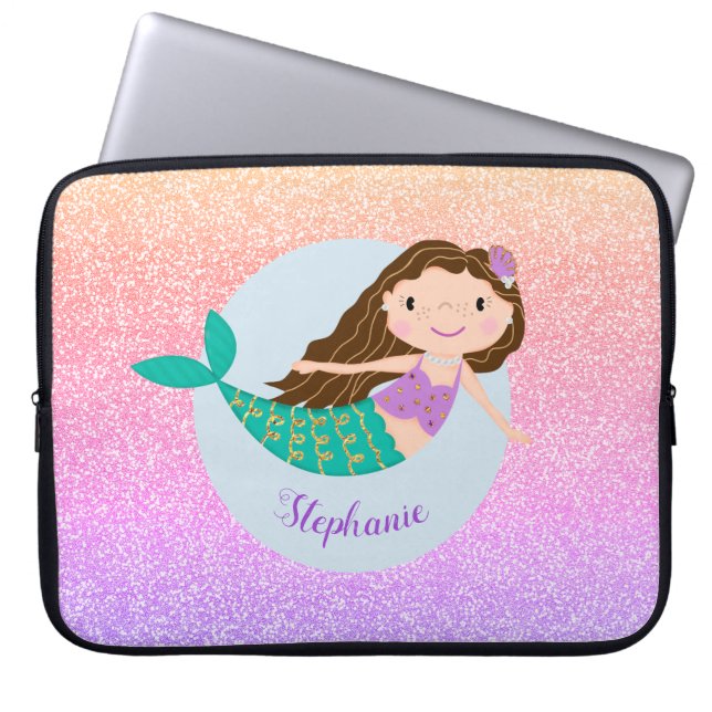 Mermaid Rainbow Glitter Cute Laptop Sleeve (Front)