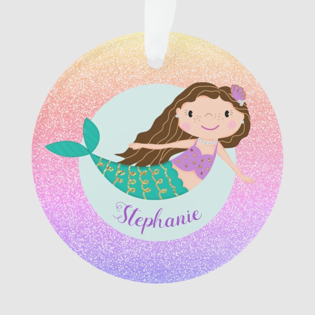 Mermaid Rainbow Glitter Girly Personalised Name Ornament (Front)