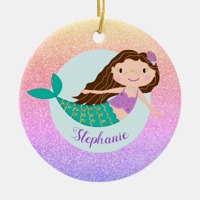 Mermaid Rainbow Glitter Personalised Name Ceramic Tree Decoration (Front)