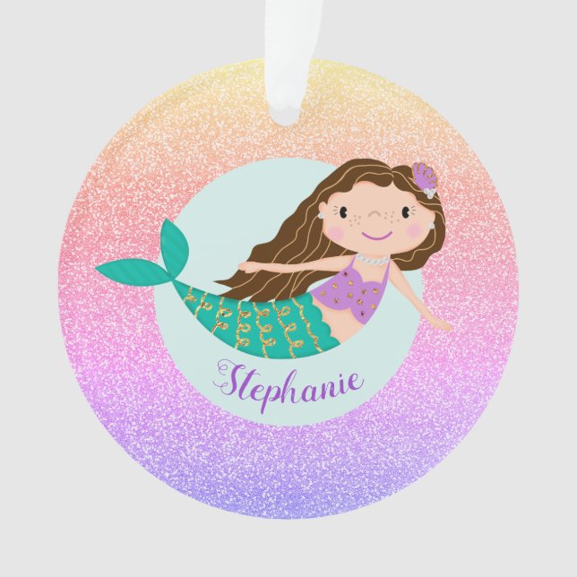 Mermaid Rainbow Glitter Personalised Name Ornament (Front)