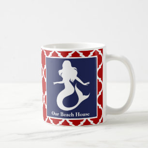 Mermaid Red White Blue Nautical Personalise Name Coffee Mug