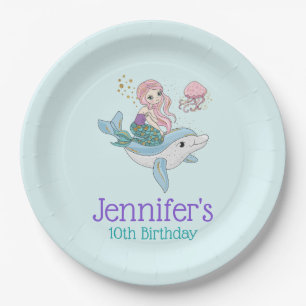 Mermaid Riding a Dolphin Under the Sea Birthday Paper Plate