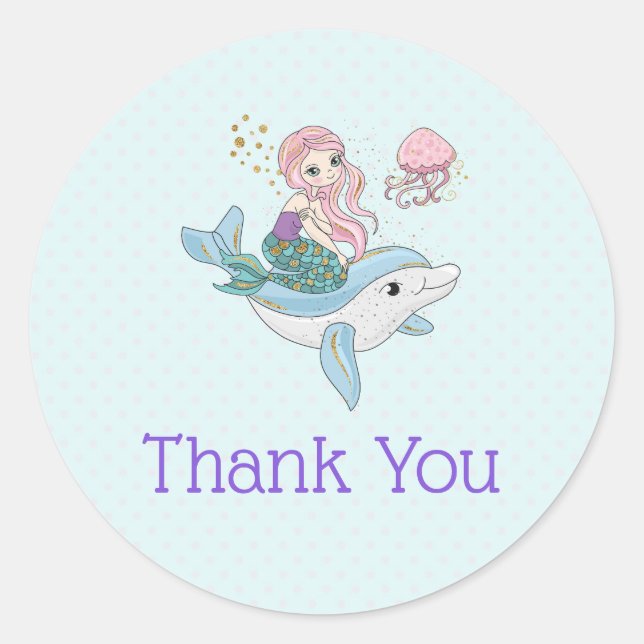 Mermaid Riding a Dolphin Under the Sea Thank You Classic Round Sticker (Front)