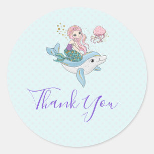 Mermaid Riding a Dolphin Under the Sea Thank You Classic Round Sticker