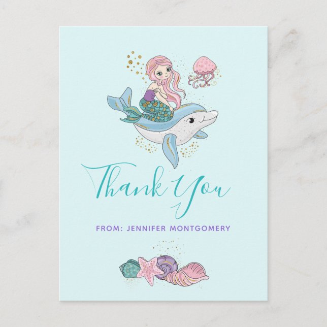 Mermaid Riding a Dolphin Under the Sea Thank You Postcard (Front)