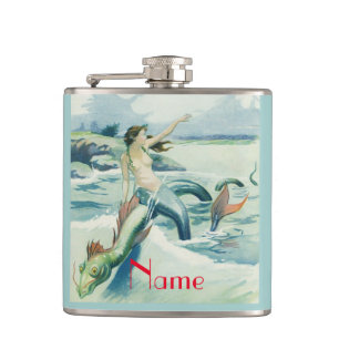 Mermaid Riding Sea Serpent Thunder_Cove  Hip Flask